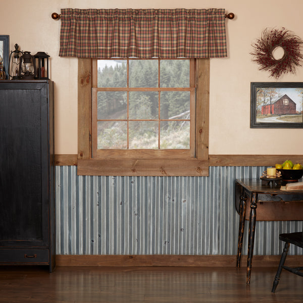 Crosswoods Valance (16x72) in tan plaid with blue, green, and red accents. Lined 100% cotton primitive farmhouse valance for a warm, country look.