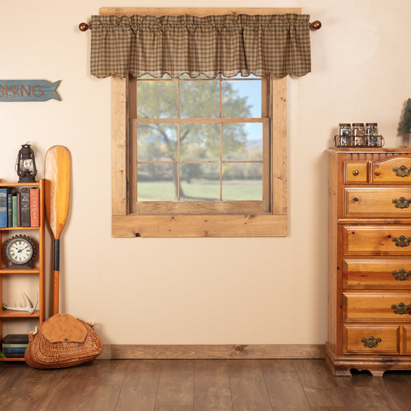 Embellish your nature-inspired, cabin home with the Cedar Ridge Scalloped Valance. This rustic 16x72 curtain features cedar green, tan, and dark brown plaid, bringing a casual, relaxed appeal to any room. Visit website for FREE s/h & discount offers. Primitive Country Farmhouse Home Decor Window Curtain Treatment.