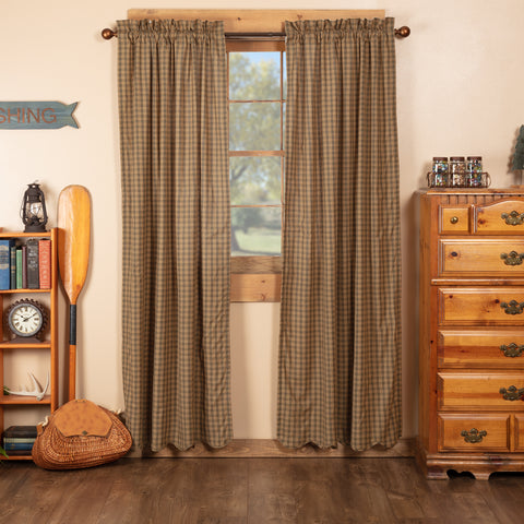Add a little nature-inspired warmth to your cabin home with the Cedar Ridge Scalloped Panel Set. This curtain set of two features cedar green, tan, and dark brown plaid, bringing a relaxed appeal to any room. Visit website for FREE s/h & discount offers.