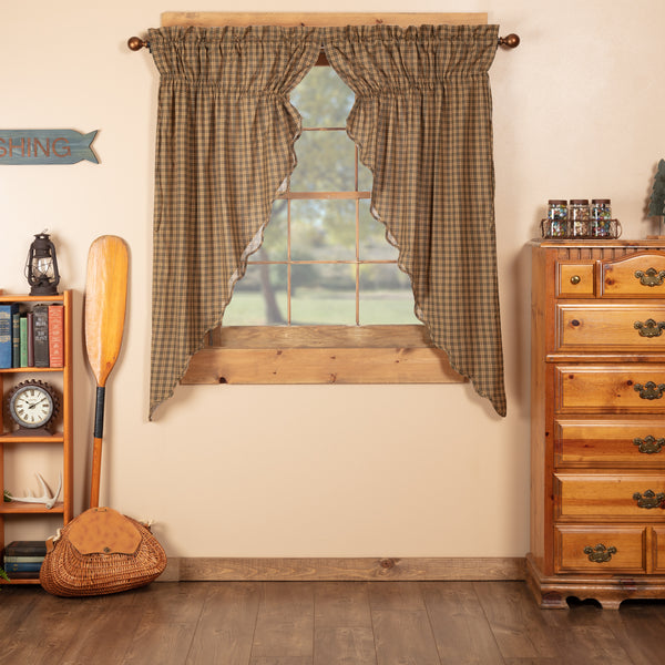 Embellish your nature-inspired, cabin home with the Cedar Ridge Scalloped Prairie Short Panel Set. This country curtain set of two features cedar green, tan, and dark brown plaid. Visit website for FREE s/h & discount offers.