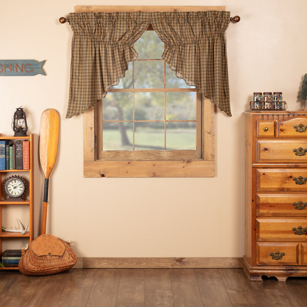Embellish your nature-inspired, cabin home with the Cedar Ridge Scalloped Prairie Swag Set. This curtain set of two features cedar green, tan, and dark brown plaid. Visit website for FREE s/h & discount offers. Primitive Country Farmhouse Home Decor.
