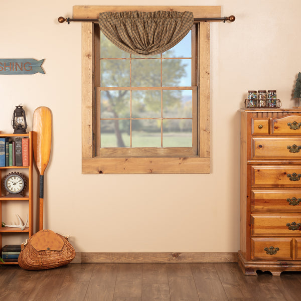 Cedar Ridge Balloon Valance. This rustic 15x60 curtain features cedar green, tan, and dark brown plaid, bringing a casual, relaxed appeal to any room. Visit website for FREE s/h & discount offers. Primitive Country Farmhouse Rustic home Decor Window Treatments Curtains.