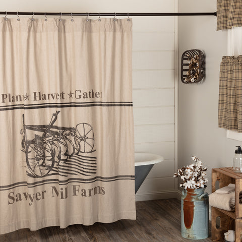 Sawyer Mill Charcoal Plow Shower Curtain 72x72, showcasing a farm plow with a distressed appearance surrounded by the words, "plant, harvest, gather", separated by country stars. Visit website for FREE s/h & discount offers. Primitive Country Farmhouse Bath Bathroom Home Decor. Fall.