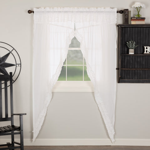 White Ruffled Sheer Petticoat Prairie Panel 84x36m combines light and airy, sheer fabric with multi-tiered frills. This flirty all-cotton curtain set decorates any room with a refined, delicate sense. Visit website for FREE s/h & discount offers. Primitive Country Farmhouse Home Decor.