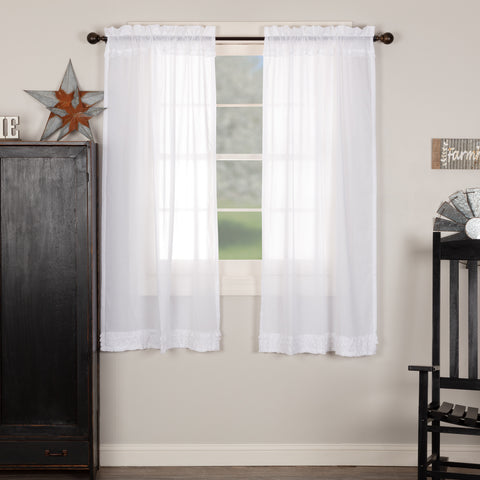 White Ruffled Sheer Short Panel Set of 2 63x36, slightly transparent quality provides an airy feel throughout the home. The thin layer of ruffling adds a touch of vintage to the overall farmhouse look. Visit website for FREE s/h & discount offers. primitive Country Farmhouse Home Decor.