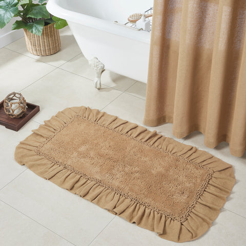 The Burlap Natural Bath Mat 27x48 adds farmhouse charm with soft cotton, ruffled edges, and slip-resistant backing. Perfect for larger spaces.
