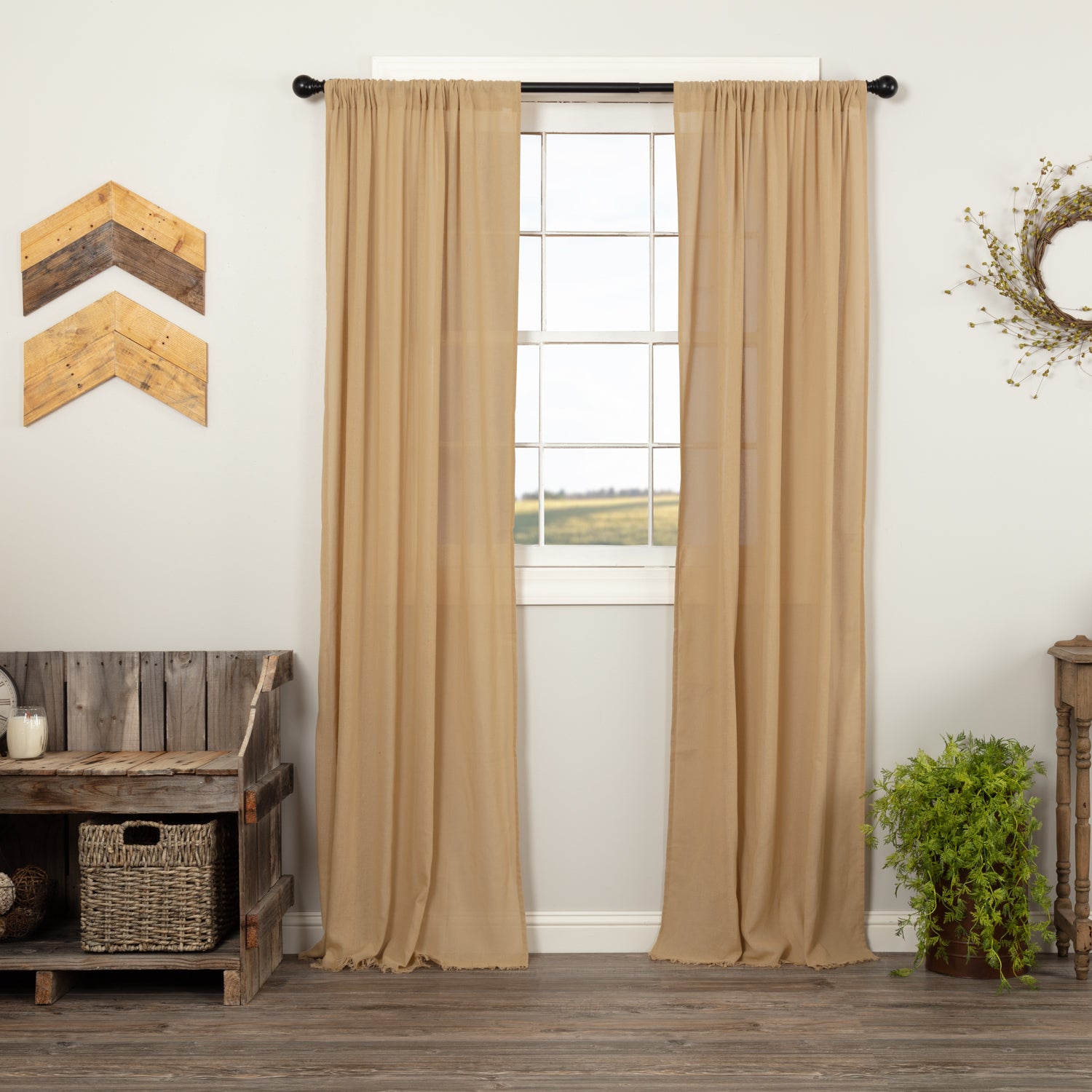 tobacco fabric curtains Cloth Khaki Panel 96x40 Rod pocket is 3.25 Tobacco Cloth Fringed Panel Set