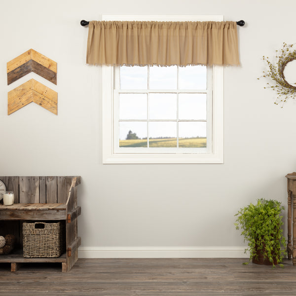 Tobacco Cloth Khaki Valance 90 in. accented with .75" fringe. Visit website for free shipping & discount offers. Primitive country home decor, window treatments.