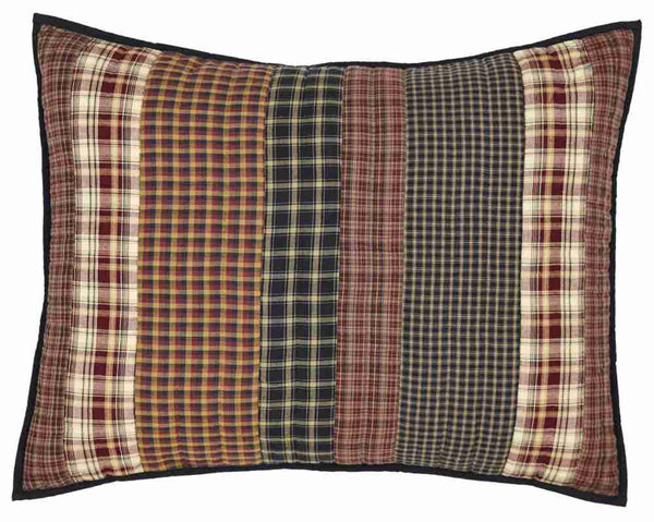 Beckham Standard Sham, horizontal strips of plaid fabrics displaying rust, creme and black with gold accents. Primitive Country Farmhouse Bedding Home Decor.