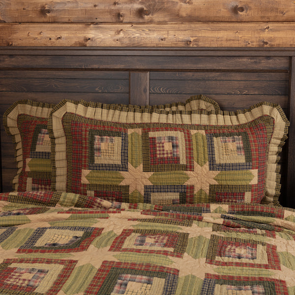 Tea Cabin King Quilt Combo with 2 King Shams and 1 Fabric Green Plaid 16" Pillow