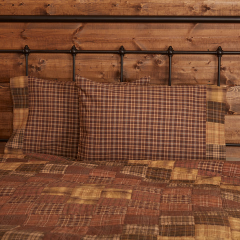 Prescott Standard Pillow Case Set of 2 (21x30). Earth-toned plaid with patchwork block border. 100% cotton rustic farmhouse pillowcases for cozy country style.