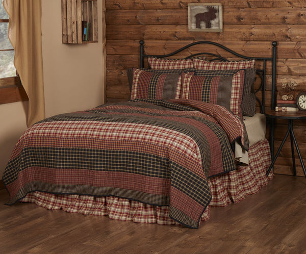 The Beckham Queen Quilt adds farmhouse country style with rustic black, tan, and red plaid patchwork. 100% cotton, 90x90, primitive cabin bedding.