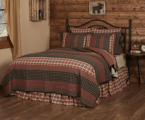 Beckham King Quilt 105Wx95L, Horizontal strips of plaid fabrics in rust, creme, and black with gold accents. Visit website for FREE s/h & discount offers. Primitive Country Farmhouse Bedding Home Decor.