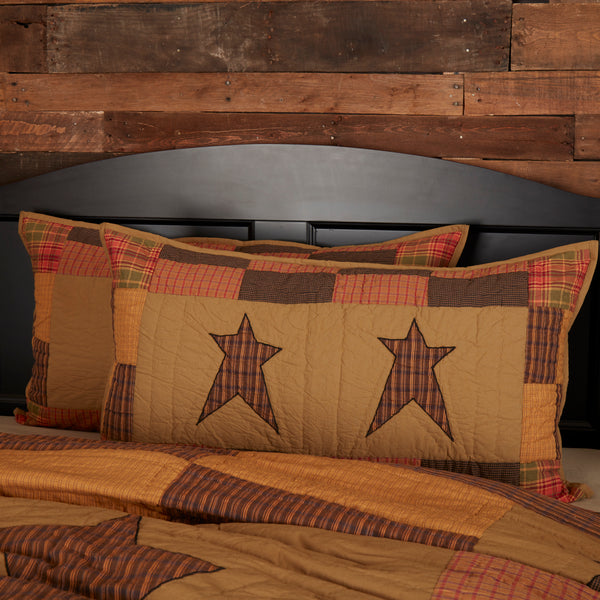Stratton Luxury King Sham features two appliqued 5-point stars, surrounded by a coordinating patchwork border. Dark Khaki, Red-Orange, Country Black. Visit website for FREE s/h & discount offers. Primitive Country Farmhouse Bedding Home Decor.