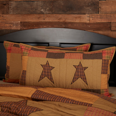 Stratton Luxury King Sham features two appliqued 5-point stars, surrounded by a coordinating patchwork border. Dark Khaki, Red-Orange, Country Black. Visit website for FREE s/h & discount offers. Primitive Country Farmhouse Bedding Home Decor.