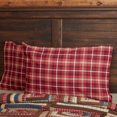 Braxton Standard Pillow Case Set of 2 (21x30). Rustic Americana plaid in apple red, tan, and black. 100% cotton farmhouse pillowcases for primitive country décor.