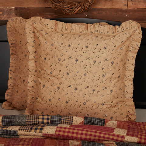 Maisie Fabric Euro Sham 26x26 in tan with black ditsy floral print and ruffle trim. Primitive country farmhouse bedding accent with button closure.