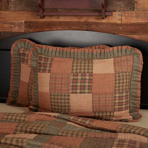Crosswoods hand quilted standard sham 21x27 in russet green tan plaid with floral reverse and wooden buttons