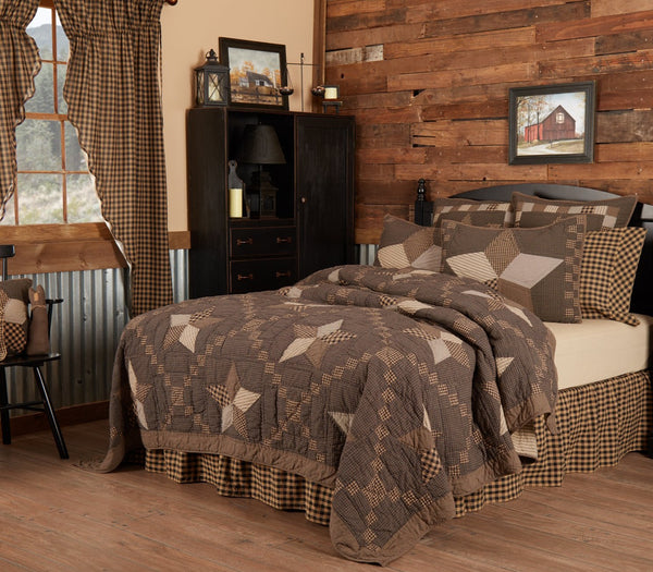 Farmhouse Star Oversized King Quilt with hand-quilted patchwork stars, Irish chain, and ticking stripe reverse. Primitive country farmhouse bedding.