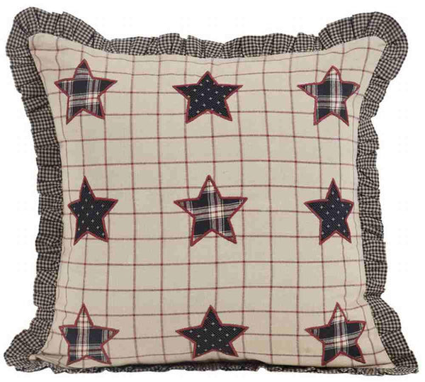 Bingham Star Pillow Fabric with Applique Stars 16 in.,  nine appliqued five point stars on a ground of tan and red windowpane fabric. Primitive Country Farmhouse Bedding Home Decor.