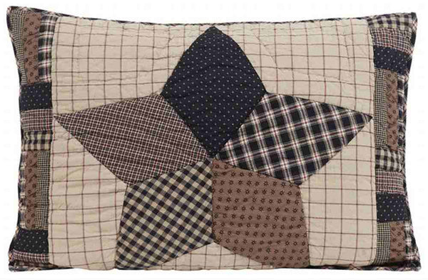 Bingham Star Standard Sham 21x27, Large 5-point patchwork star block flanked with rotating strip blocks black and tan fabrics with red accents. Primitive Country Farmhouse Quilted Bedding Home Decor.