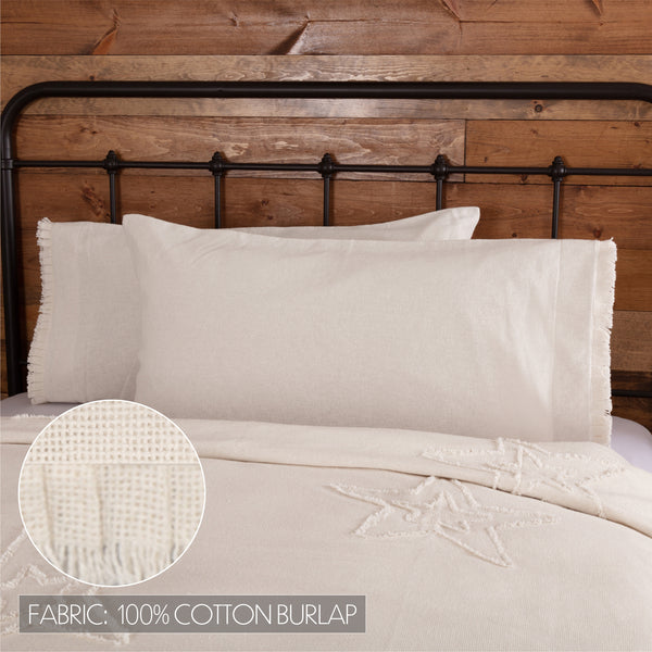 Burlap Antique White King Pillow Case w/ Fringed Ruffle Set of 2 21x40