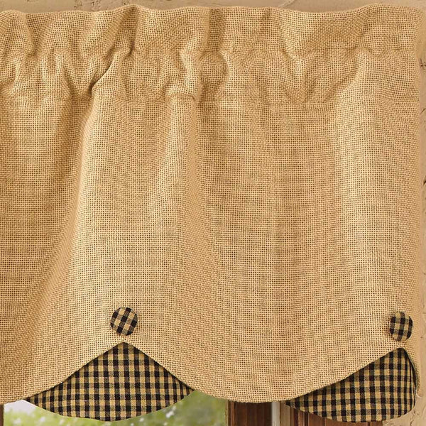 Burlap & Check Black Scalloped Valance Country Primitive Farmhouse Tan and Black Check Valance