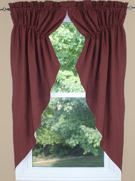 Create a classic look with the Primitive Ticking Wine 72"x 36" Lined Gathered Swag features a classic wine with tan ticking pattern.