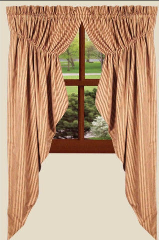 York Ticking Gathered Swag Set Barn Red, barn red ticking on a tan background. Visit website for free s/h & discount offers. Primitive Country Home Décor. Rustic, Farmhouse.