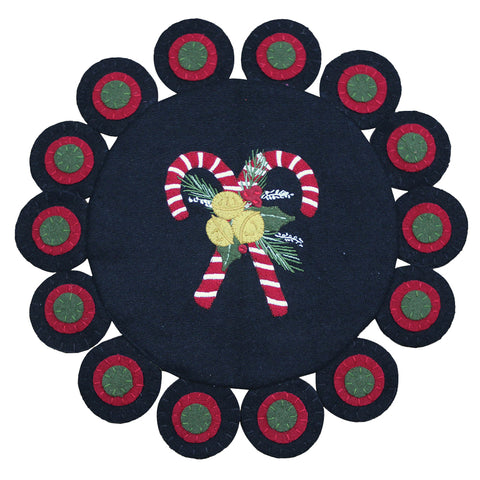 Candy Canes Black Candle Mat, has a black frelt back fround the candycanes in the middle.    Made of Cotton 15" Diameter