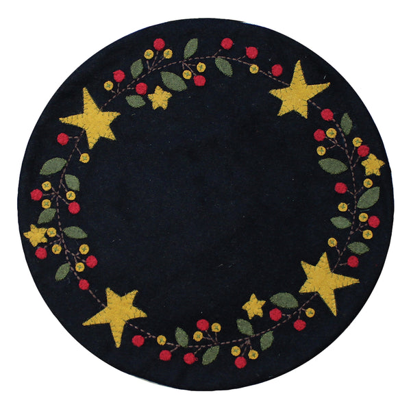 Our Black Star Berry Vine Candle Mat is made of cotton. Candle Mat is made of Cotton. Size is 15 In diameter.