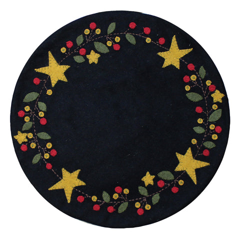 Our Black Star Berry Vine Candle Mat is made of cotton. Candle Mat is made of Cotton. Size is 15 In diameter.