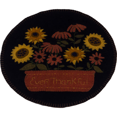 Our Ever Thankful Candle Mat is embroidered potted sunflowers and would compliment any Fall or Thanksgiving decor.