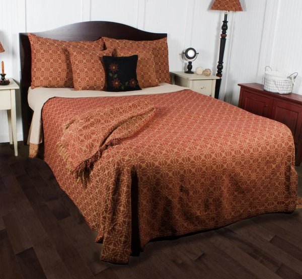 Our Marshfield Jacquard swag is made of cotton. bedcover is made of cotton jacquard. The design is timeless and will enhance your room. Primitive decor. Red and tan