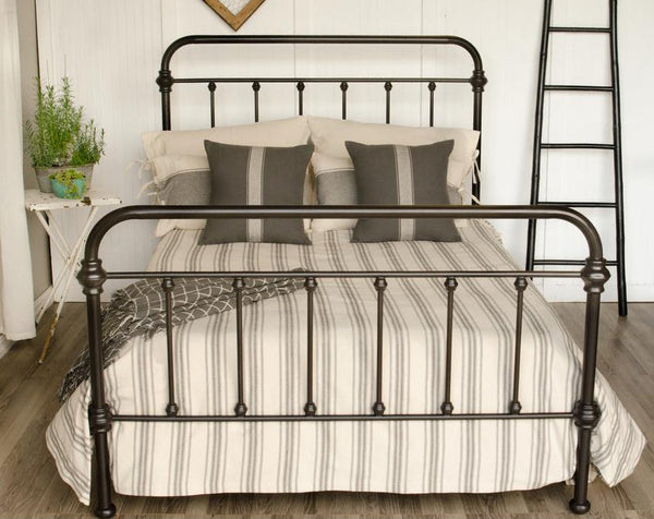 Grain Sack Stripe Cream-Pewter Queen Bed Cover Combo - Bed Cover, 2 Pewter Pillow Covers, 2 Cream Pillow Shams, 2 Pewter Lumbar Pillow Covers. Visit website for free shipping offer. Primitive Country Farmhouse Home Decor.