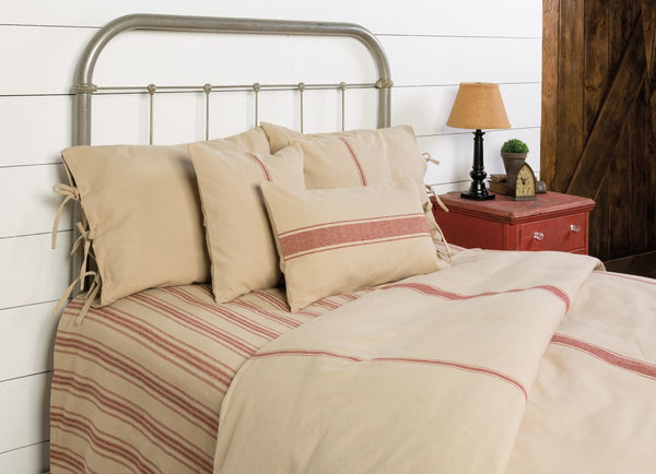 Grain Sack Solid Oat-Barn with Red Stripe Duvet Cover