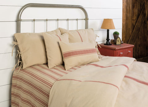 Grain Sack Solid Oat-Barn with Red Stripe Duvet Cover