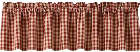 Crochet Gingham Lined Valance features garnet and tan check fabric. Primitive Country Farmhouse Window Treatments Curtains Home Decor.