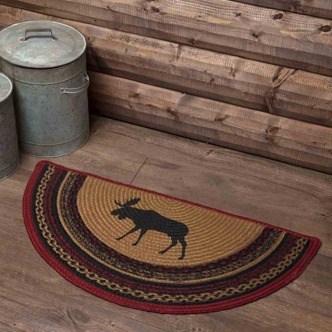 Cumberland Stenciled Moose Braided Jute Rug Half Circle 16.5x33, Primitive Country Farmhouse Cabin Log Cabin Decor.