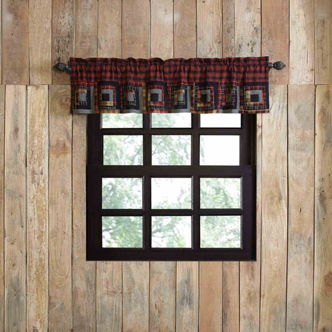 Cumberland Patchwork Valance 16x72, Chili pepper red and black plaid fabric Log cabin blocks in plaid and chambray fabrics along the bottom edge. Primitive Country Farmhouse Window Treatments Curtains Home Decor Cabin