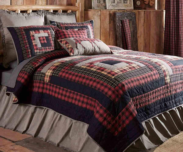 Cumberland King Quilt, Chili pepper reds, caviar blacks, and natural tans make the Cumberland King Quilt a woodcutter's dream. Primitive Country Farmhouse Quilted Bedding Home Decor.