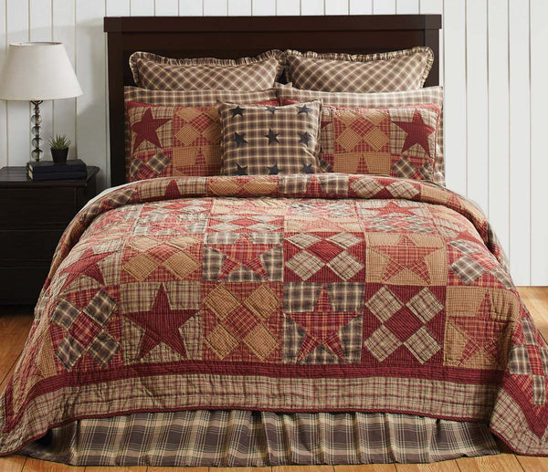 Dawson Star Queen Quilt,  rustic colors, including khaki, burgundy, and woodland brown plaid in diagonal rows of alternating 5 point stars and five patch blocks. Primitive Country Farmhouse Bedding Home Decor.