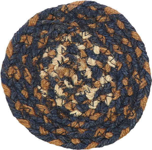 Denim Braided  Coaster features color combination of two different shades of blue, dark tan and cream. Visit website for FREE s/h & discount offers. Primitive Country Farmhouse Table Kitchen Dining Home Decor.