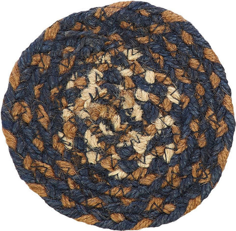 Denim Braided  Coaster features color combination of two different shades of blue, dark tan and cream. Visit website for FREE s/h & discount offers. Primitive Country Farmhouse Table Kitchen Dining Home Decor.