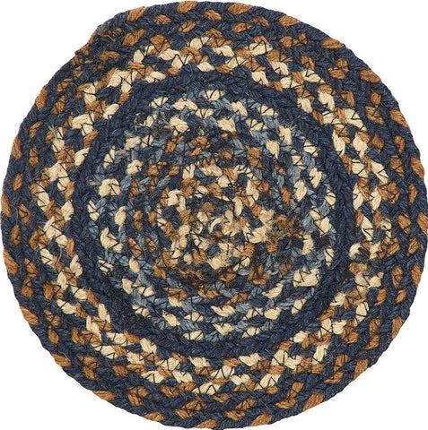 Denim Braided  Trivet 8. in. features color combination of two different shades of blue, dark tan and cream. Visit website for FREE s/h & discount offers. Primitive Country Farmhouse Table Kitchen Dining Home Decor.