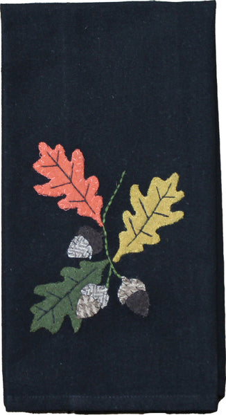 Fall Leaves & Acorns Towel (set of 2) features beautiful appique detail of multi colored leaves and acorns on black a black background.