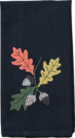 Fall Leaves & Acorns Towel (set of 2) features beautiful appique detail of multi colored leaves and acorns on black a black background.
