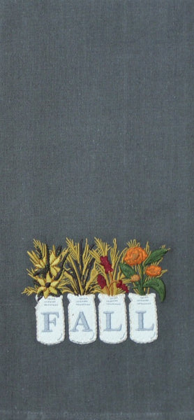 Our fall mason jars towel features detailed mason jar embroidery with fall flowers on a gray background and measures 18"x28". Perfect to give or to add fall flair to your home.