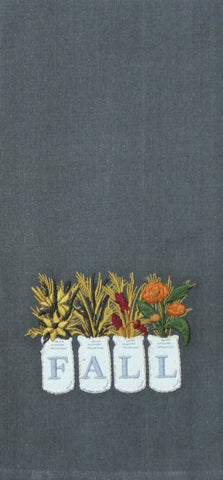 Our fall mason jars towel features detailed mason jar embroidery with fall flowers on a gray background and measures 18"x28". Perfect to give or to add fall flair to your home.
