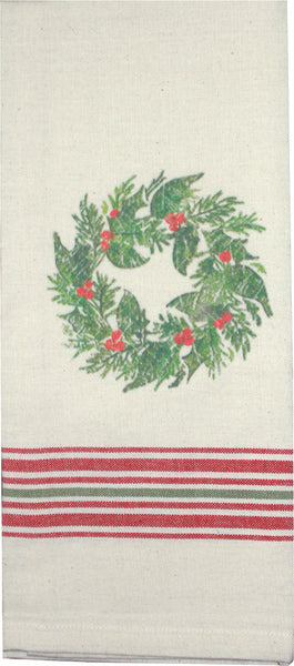 Add a decorative accent to your kitchen or bath with the Holiday Grain Sack Wreath Towel. Perfect as a gift too! Measures 18"x28" and features high quality grain sack cotton base with print design.